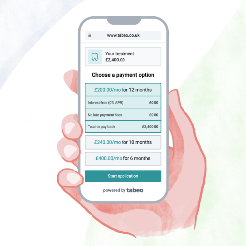 A hand holding a smartphone displaying a payment plan selection screen for a £2,400 dental treatment with multiple monthly installment options.